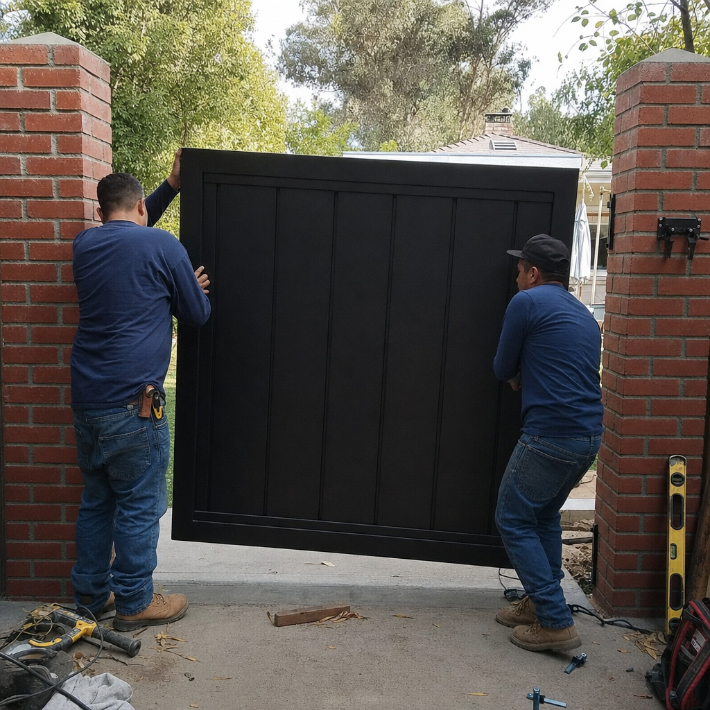 Two professionals installing a modern black metal driveway gate